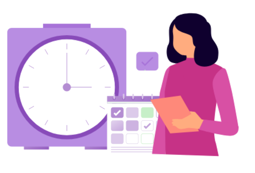 Asistente virtual organizando agenda y vencimientos con reloj y calendario